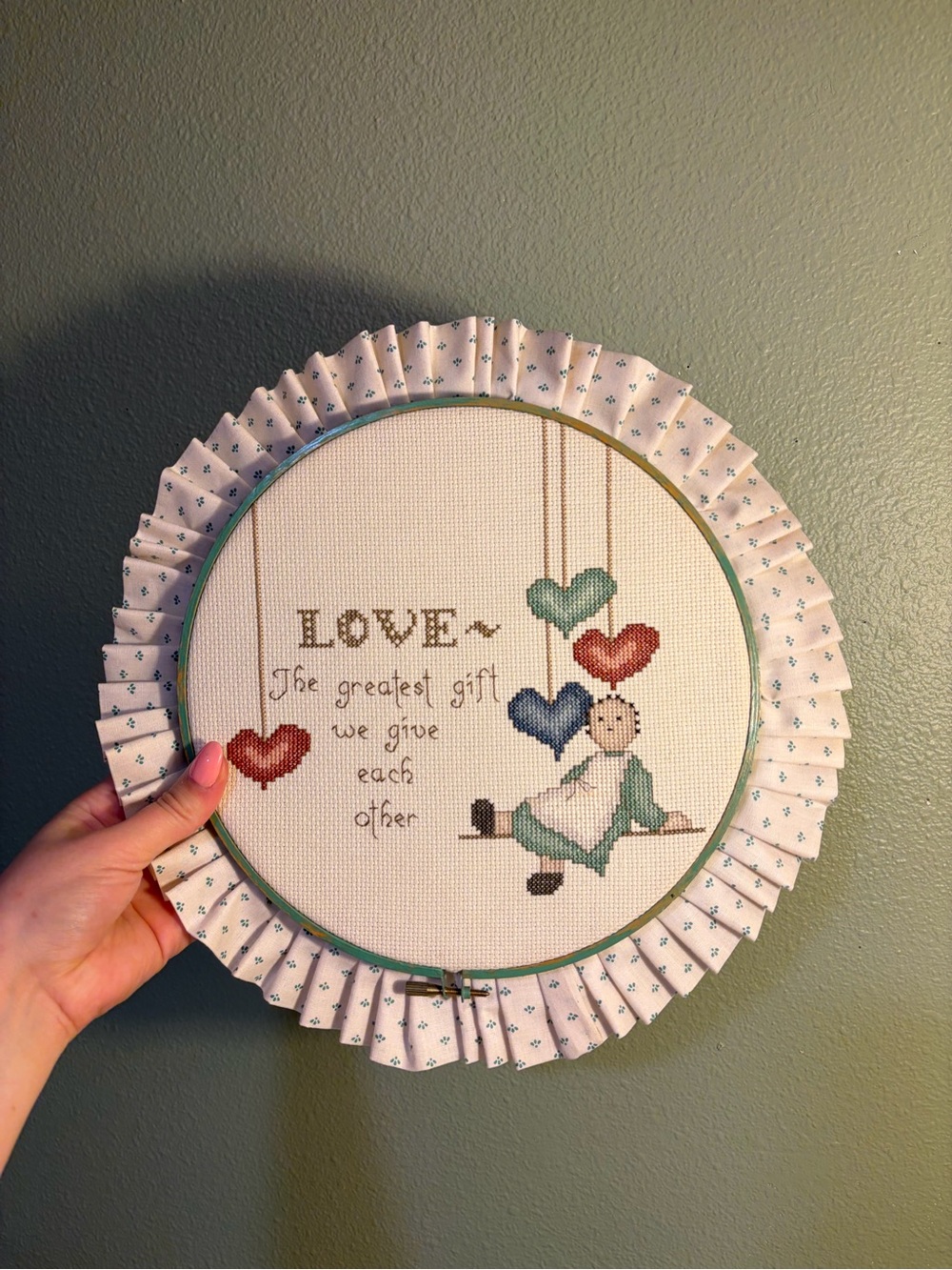 Handmade Cross-Stitch Hoop Art - "LOVE" with Hearts